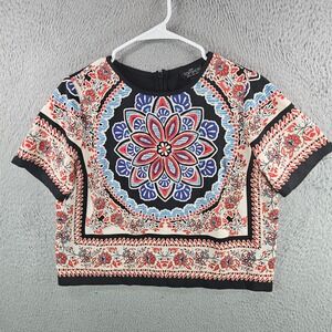 Topshop Petite Womens Scarf Print Crop Top Black Red Blue Mandala Blouse US 8